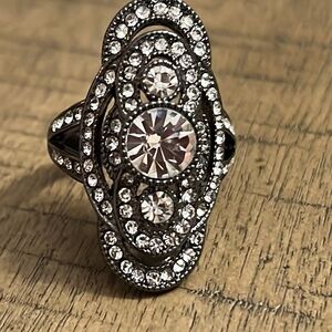 Vintage Art Deco Style CZ Cocktail Ring - Gunmetal Tone - Size 9